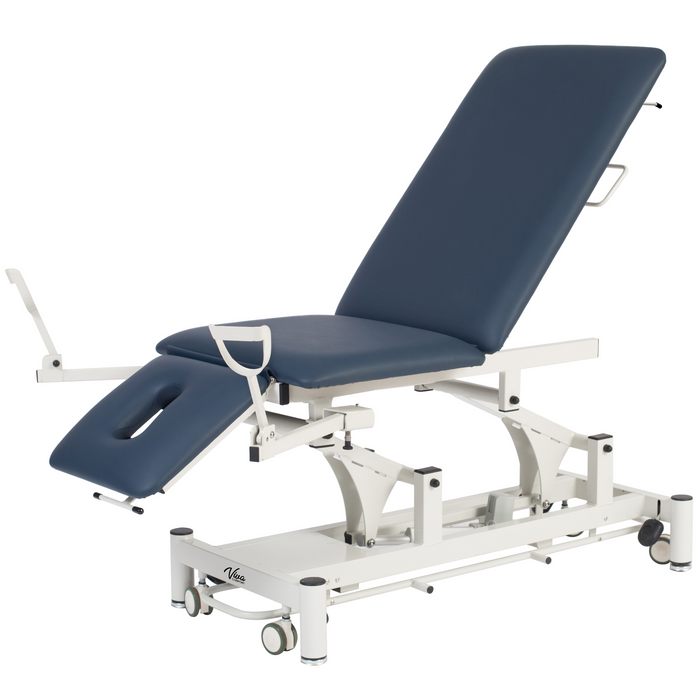 Power Hi-Lo Exam Table. Open Base w/ Adjustable Back & Antimicrobial Upholstery. Paper Dispenser, Stirrups