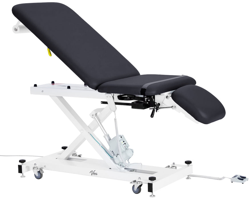 XRO Power Hi-Lo Exam Table. Open Base w/ 3-Section Top & Stirrups (Adjustable Back, Leg-Rest Drop Section & Antimicrobial Upholstery) Black