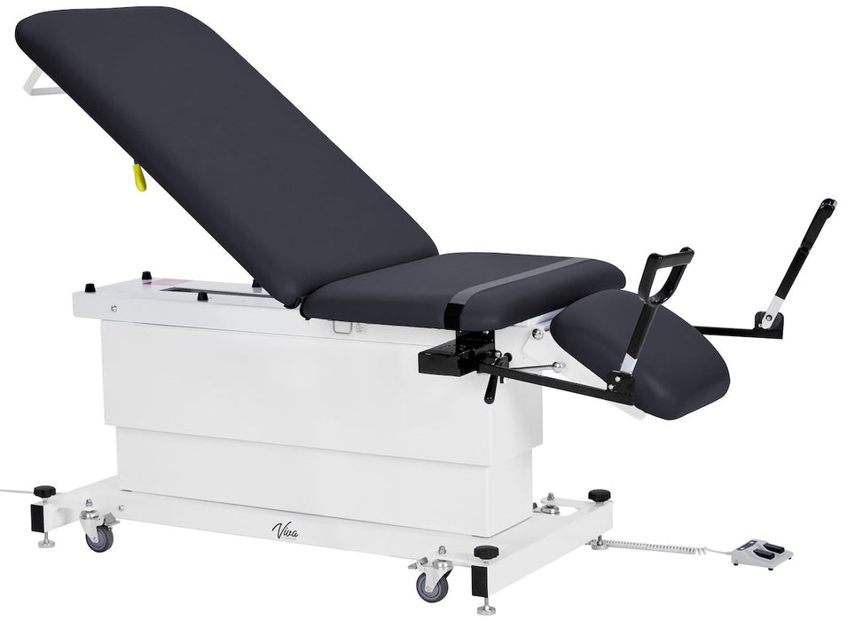 XRO Power Hi-Lo Exam Table. Shrouded Base w/ 3-Section Top & Stirrups (Adjustable Back, Leg-Rest Drop Section & Antimicrobial Upholstery) Black