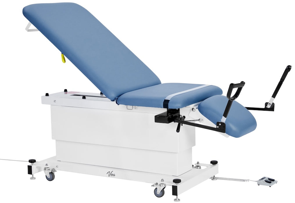 XRO Power Hi-Lo Exam Table. Shrouded Base w/ 3-Section Top & Stirrups (Adjustable Back, Leg-Rest Drop Section & Antimicrobial Upholstery)