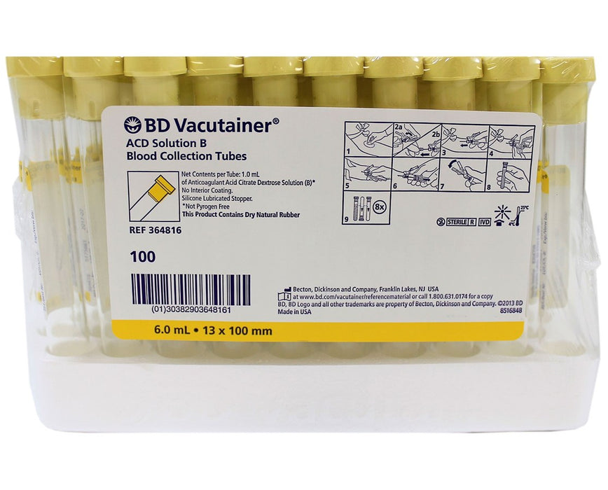 Vacutainer Specialty Tubes with ACD 13 x 100 mm, 6.0mL, ACD Solution B, 100/Box