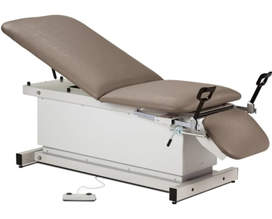 Power Hi-Lo Exam Table. Shrouded Base w/ Adjustable Back. 450 lbs Capacity, Drop Section, Stirrups & Footrest