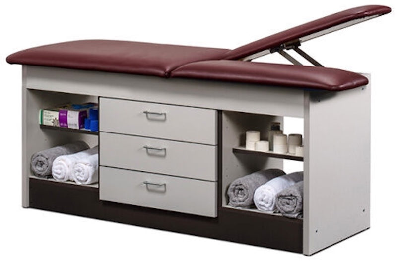 Sports Treatment Table, Double Leg Lift w/ Flat Top. Center Drawers, Open Storage