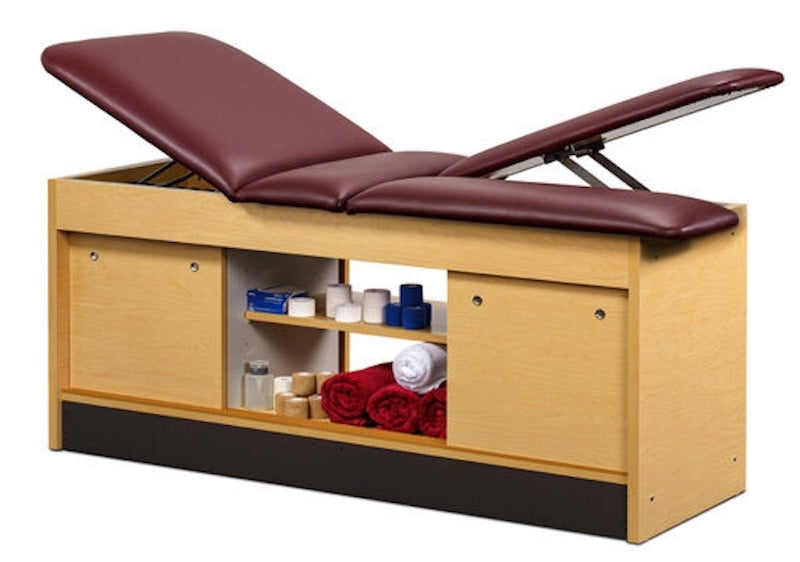 Sports Treatment Table, Double Leg Lift w/ Adjustable Backrest. 4 Sliding Doors, Open Storage