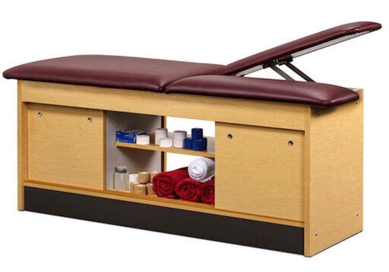 Sports Treatment Table, Double Leg Lift w/ Flat Top. 4 Sliding Doors, Open Storage