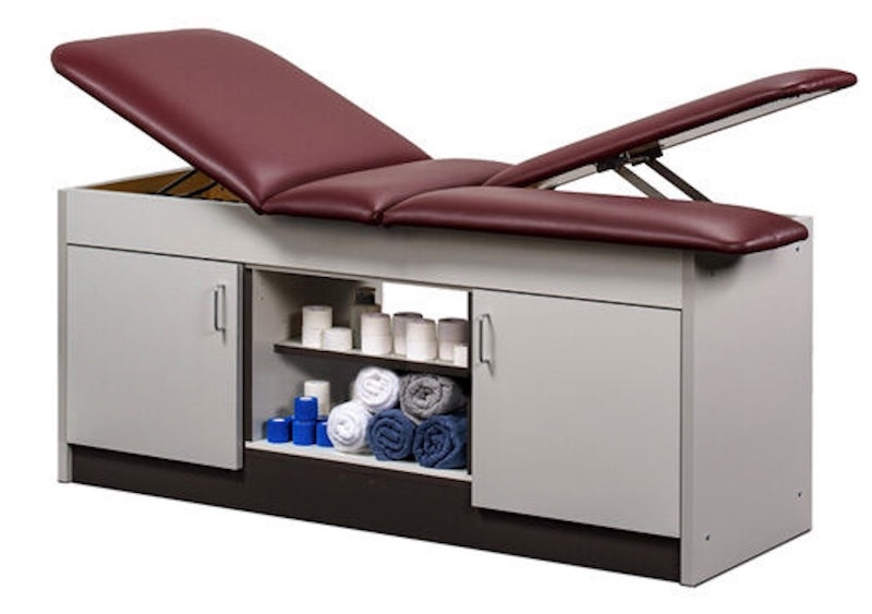 Sports Treatment Table, Double Leg Lift w/ Adjustable Backrest. Center Open Shelf, Closed Door Storage