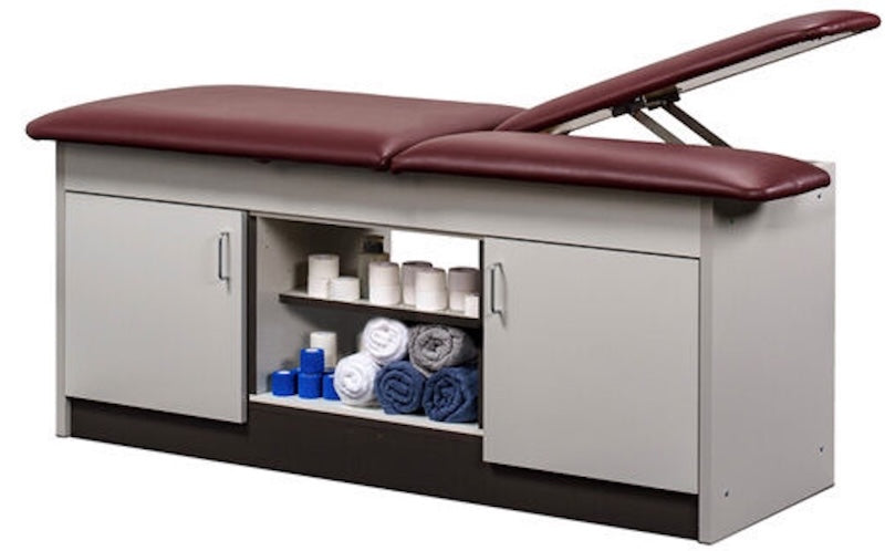 Sports Treatment Table, Double Leg Lift w/ Flat Top. Center Open Shelf, Closed Door Storage