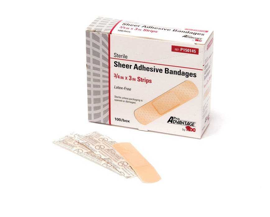 Sheer Adhesive Bandages, Strips 0.75" x 3" - 100/ Box