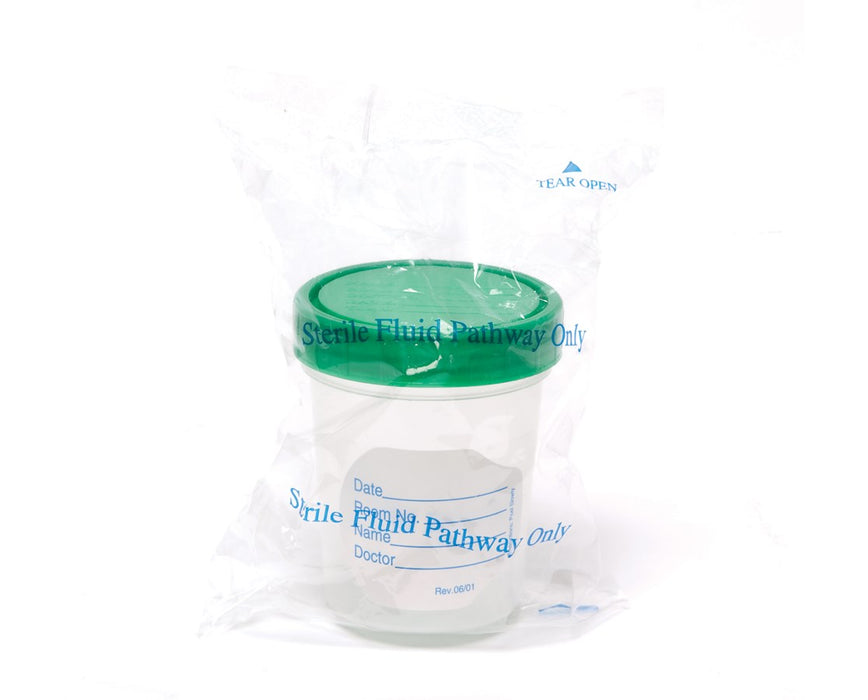 Screw-On Lid & Label, 4 oz, Sterile, Packaged Individually in Poly Pouch, 100 per case.