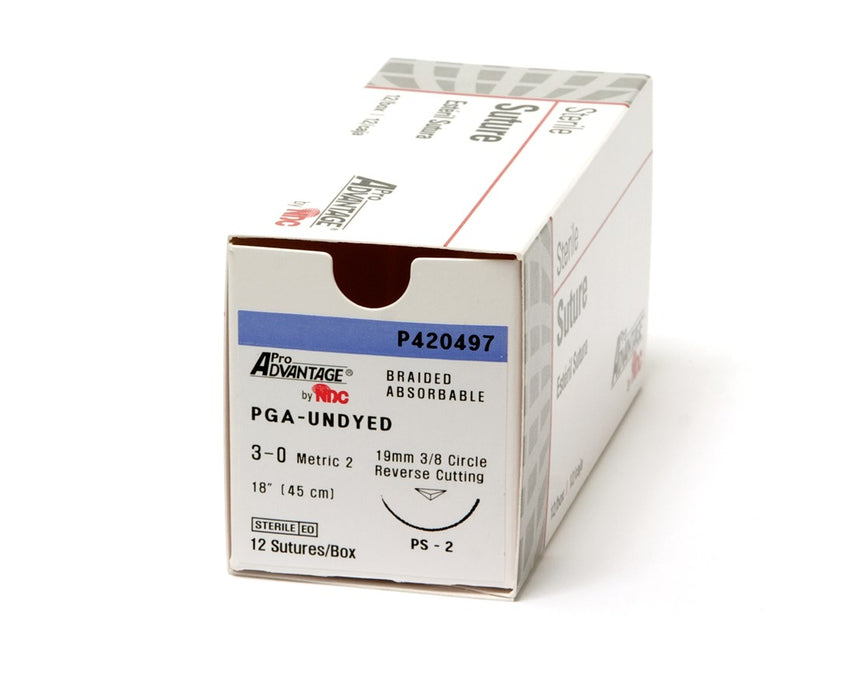 Braided Polyglycolic Acid (PGA) Sutures: P-3 Needle, Size 4-0, 18", 3/8 Circle Reverse Cut 13mm, 12 per box.