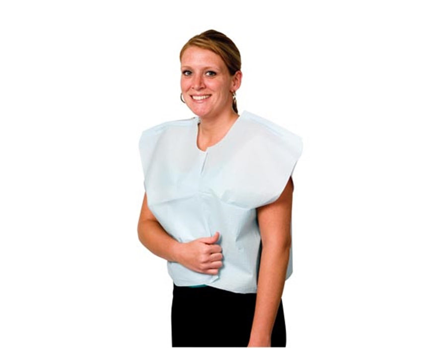 Exam Capes - Tissue/ Poly/ Tissue, 30" x 21", Blue, Traditional Front/ Back Opening, 100 per case.
