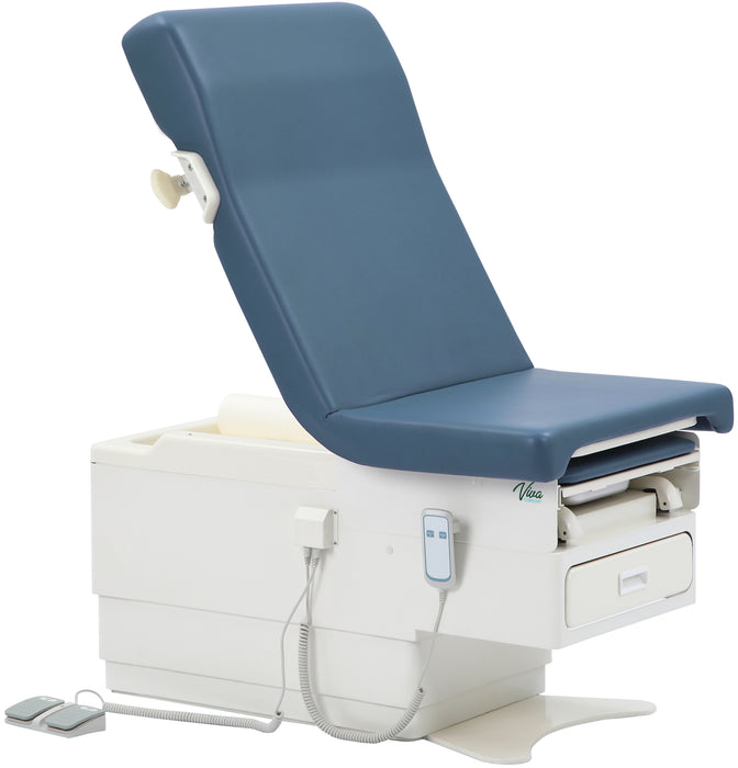 Pointe Power Hi-Lo Exam Table. Shrouded Base w/ Adjustable Back & Stirrups [Blue Antimicrobial Upholstery]