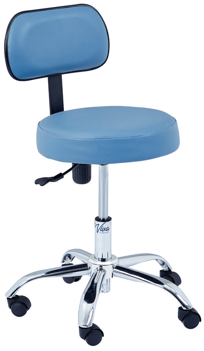 Pneumatic Height Adjustable Exam Stool w/ Backrest - Blue Upholstery