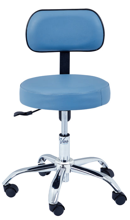 Pneumatic Height Adjustable Exam Stool w/ Backrest - Blue Upholstery