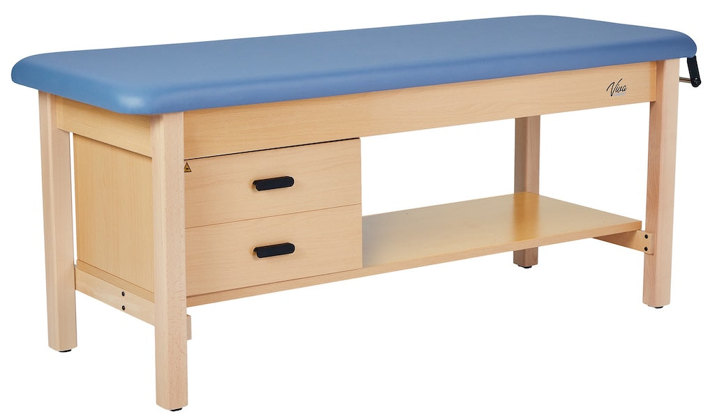 Aristo H-Brace Treatment Table. Flat Top w/ Shelf, Drawers & Antimicrobial Upholstery