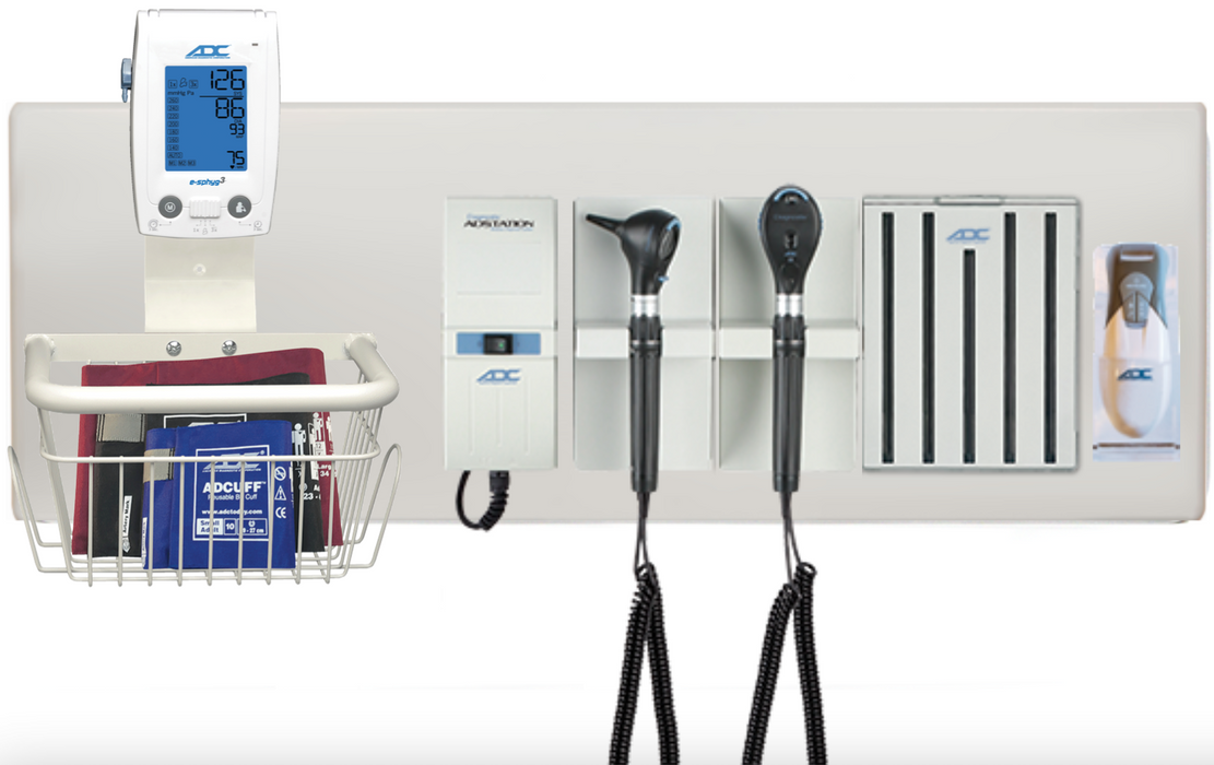 Diagnostix Wall Diagnostic Adstation. Standard Otoscope, Coax+ Ophthalmoscope, Adtemp Thermometer, Specula Dispenser, Wall Board & e-sphyg BP Mounting (led lighting)