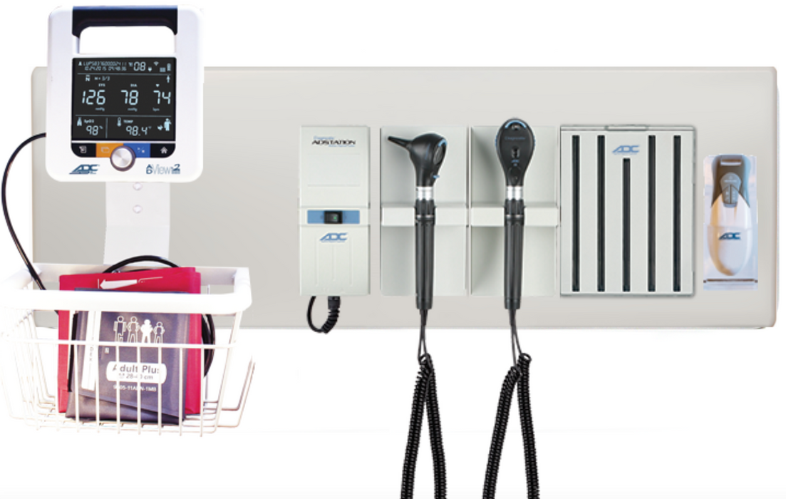 Diagnostix Wall Diagnostic Adstation. Standard Otoscope, Coax+ Ophthalmoscope, Adtemp Thermometer, Specula Dispenser, Wall Board & Adview Monitor Mounting (halogen lighting)