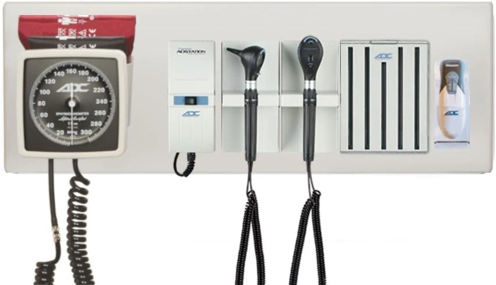 Diagnostix Wall Diagnostic Adstation. Standard Otoscope, Coax Ophthalmoscope, Aneroid, Adtemp Thermometer, Specula Dispenser, Wallboard (led lighting)