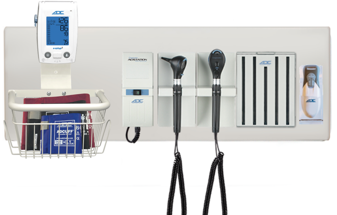 Diagnostix Wall Diagnostic Adstation. Standard Otoscope, Coax Ophthalmoscope, Adtemp Thermometer, Specula Dispenser, Wall Board & e-sphyg BP Mounting (led lighting)