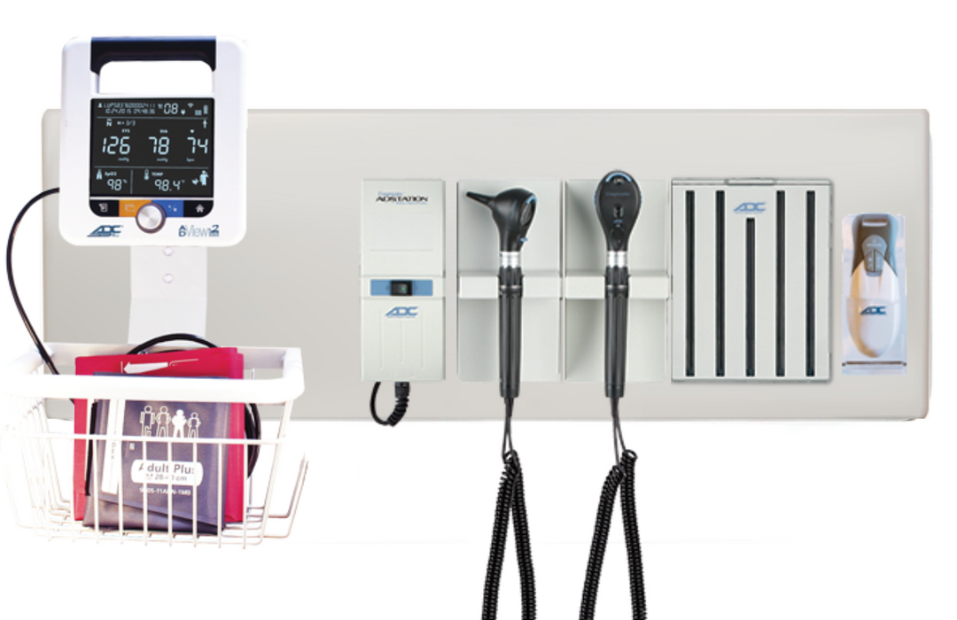 Diagnostix Wall Diagnostic Adstation. Standard Otoscope, Coax Ophthalmoscope, Adtemp Thermometer, Specula Dispenser, Wall Board & Adview Monitor Mounting (led lighting)