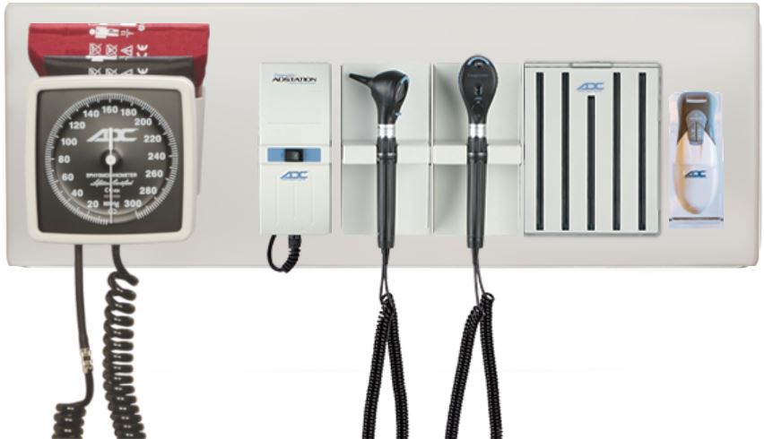 Diagnostix Wall Diagnostic Adstation. Standard Otoscope, Coax Ophthalmoscope, Aneroid, Adtemp Thermometer, Specula Dispenser, Wall Board (halogen lighting)