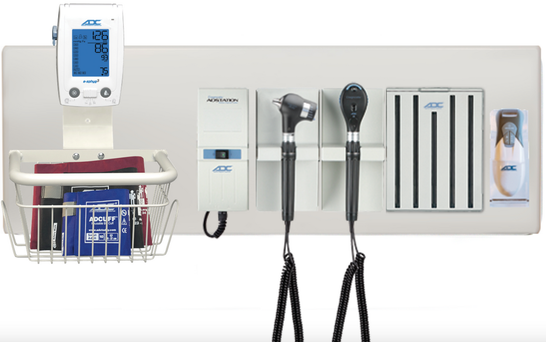 Diagnostix Wall Diagnostic Adstation. PMV Magnified Otoscope, Coax+ Ophthalmoscope, Adtemp Thermometer, Specula Dispenser, Wall Board & e-sphyg BP Mounting (led lighting)