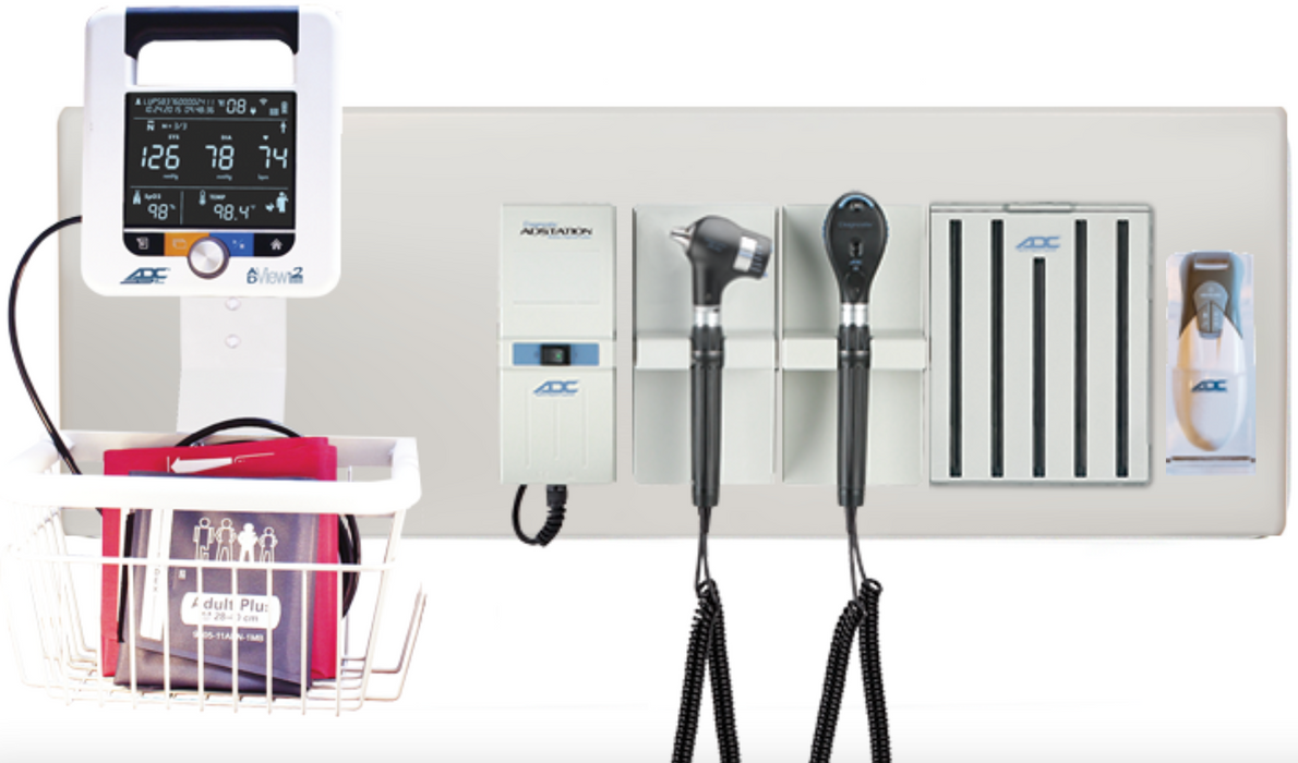 Diagnostix Wall Diagnostic Adstation. PMV Magnified Otoscope, Coax+ Ophthalmoscope, Adtemp Thermometer, Specula Dispenser, Wall Board & Adview Monitor Mounting (led lighting)