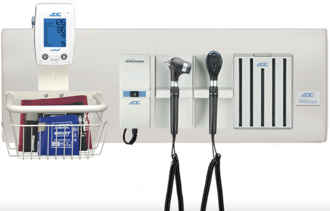 Diagnostix Wall Diagnostic Adstation. PMV Magnified Otoscope, Coax+ Ophthalmoscope, Specula Dispenser, Wall Board & e-sphyg BP Mounting (led lighting)