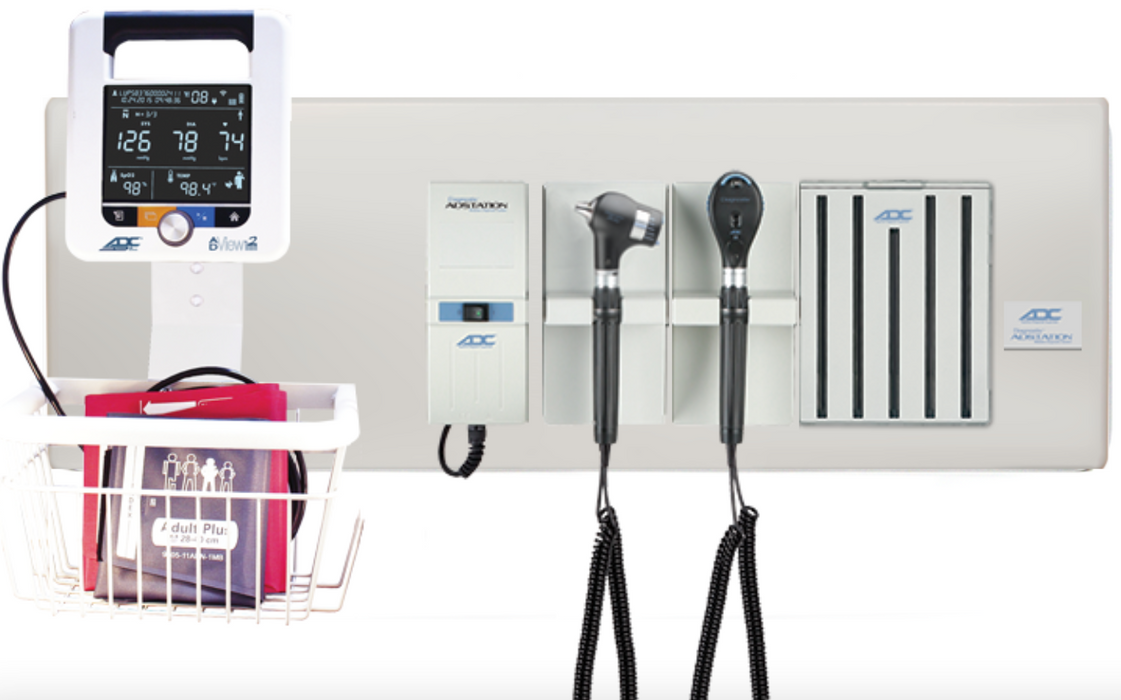 Diagnostix Wall Diagnostic Adstation. PMV Magnified Otoscope, Coax+ Ophthalmoscope, Specula Dispenser, Wall Board & Adview Monitor Mounting (led lighting)