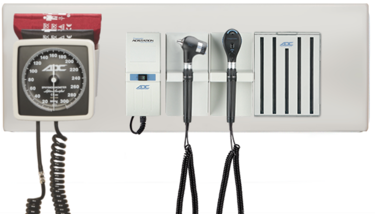 Diagnostix Wall Diagnostic Adstation. PMV Magnified Otoscope, Coax+ Ophthalmoscope, Aneroid, Specula Dispenser, Wall Board (halogen lighting)