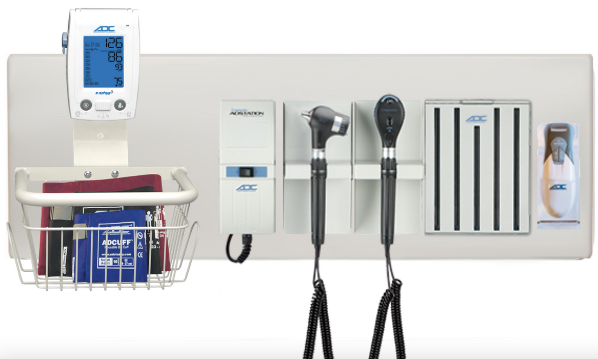 Diagnostix Wall Diagnostic Adstation. PMV Magnified Otoscope, Coax Ophthalmoscope, Adtemp Thermometer, Specula Dispenser, Wall Board & e-sphyg BP Mounting (led lighting)