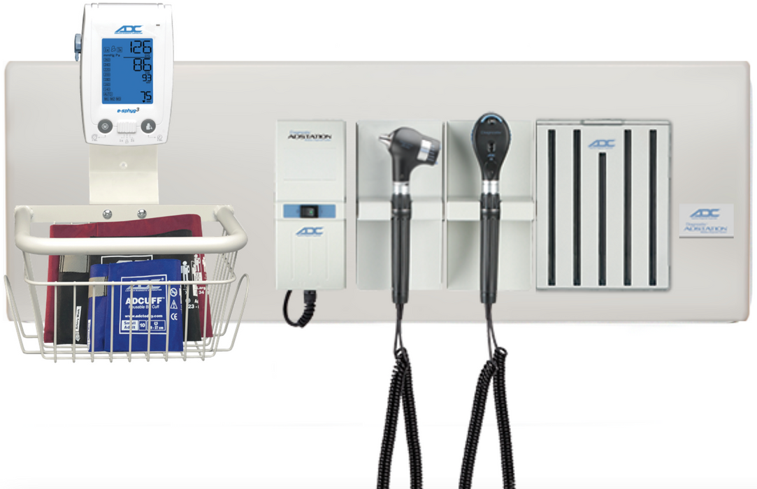 Diagnostix Wall Diagnostic Adstation. PMV Magnified Otoscope, Coax Ophthalmoscope, Specula Dispenser, Wall Board & e-sphyg BP Mounting (led lighting)