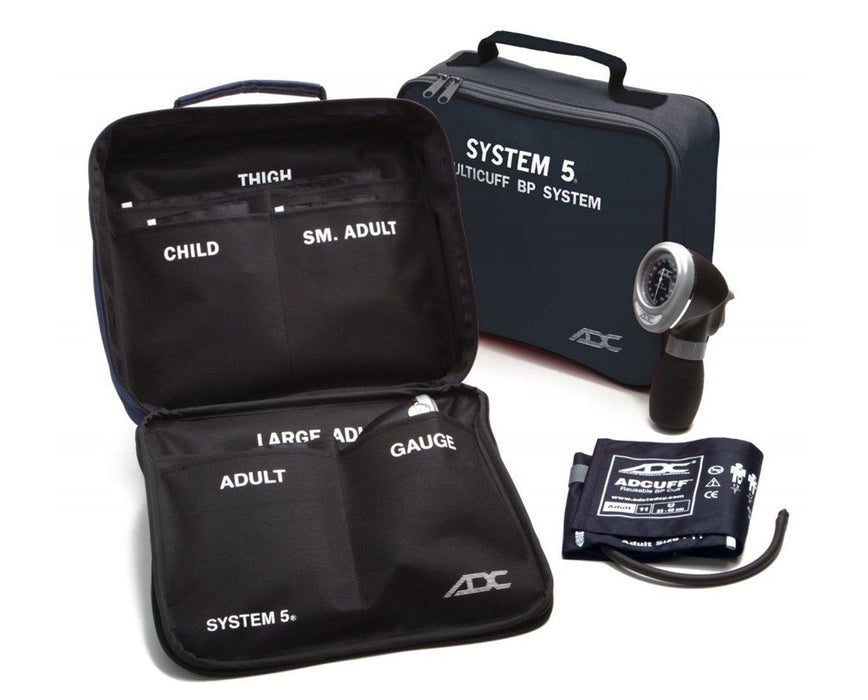 System 5 Portable 5 Cuff Sphygmomanometer Multicuff Aneroid Kit - Bladderless 1 Piece Adcuff+ - Multicolor