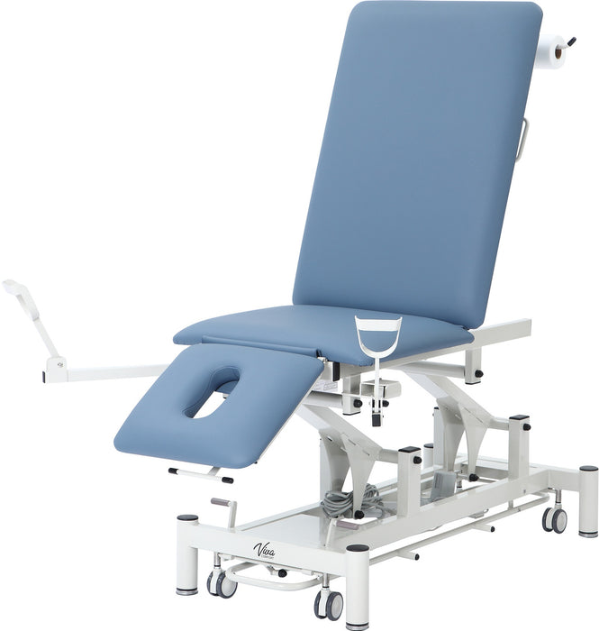 Power Hi-Lo Exam Table. Open Base w/ Adjustable Back, Drop Section, Antimicrobial Upholstery, Paper Dispenser, Stirrups & Casters