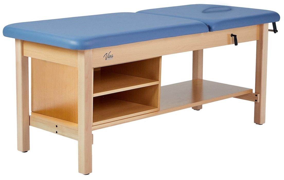 Aristo H-Brace Treatment Table w/ Adjustable Back, Shelves & Removable Face-Cushion. Bariatric [Blue Antimicrobial Upholstery]