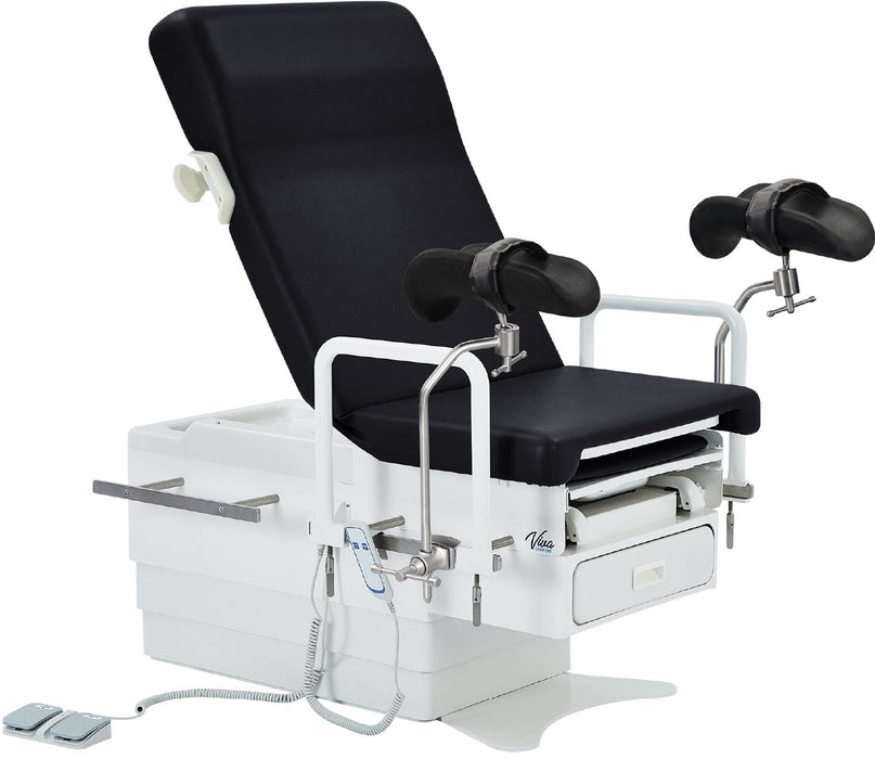 Pointe Power Hi-Lo Exam Table. Shrouded Base w/ Adjustable Back, Stirrups, Handrail & Knee Crutch. ADA Compliant [Black Antimicrobial Upholstery]