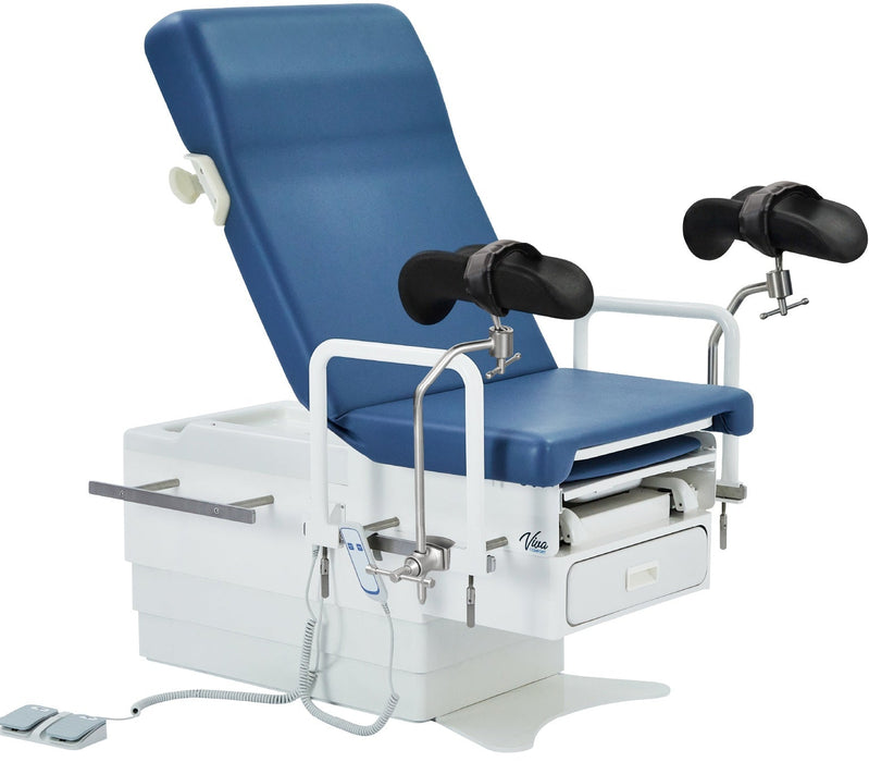 Pointe Power Hi-Lo Exam Table. Shrouded Base w/ Adjustable Back, Stirrups, Handrail & Knee Crutch. ADA Compliant [Blue Antimicrobial Upholstery]