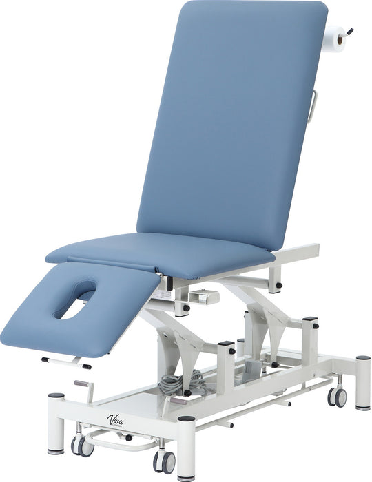 Power Hi-Lo Exam Table. Open Base w/ Adjustable Back, Drop Section, Antimicrobial Upholstery, Paper Dispenser & Casters
