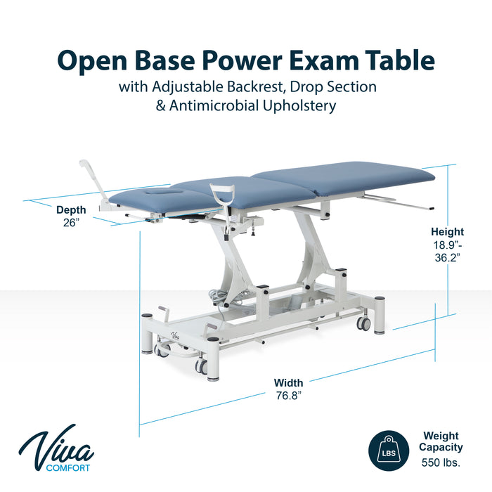 Power Hi-Lo Exam Table w/ Open Base, Adjustable Back, Drop Section, Casters & Antimicrobial Upholstery [Stirrups & Paper Dispenser Option]