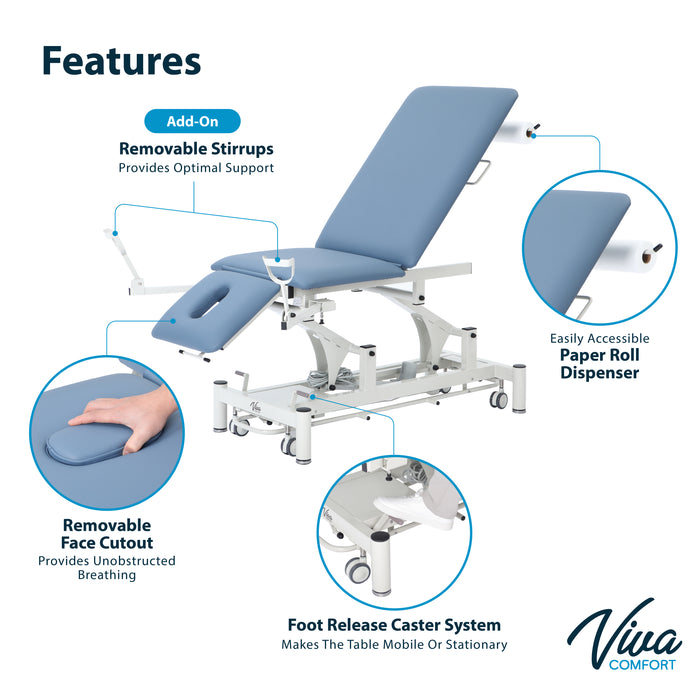 Power Hi-Lo Exam Table w/ Open Base, Adjustable Back, Drop Section, Casters & Antimicrobial Upholstery [Stirrups & Paper Dispenser Option]