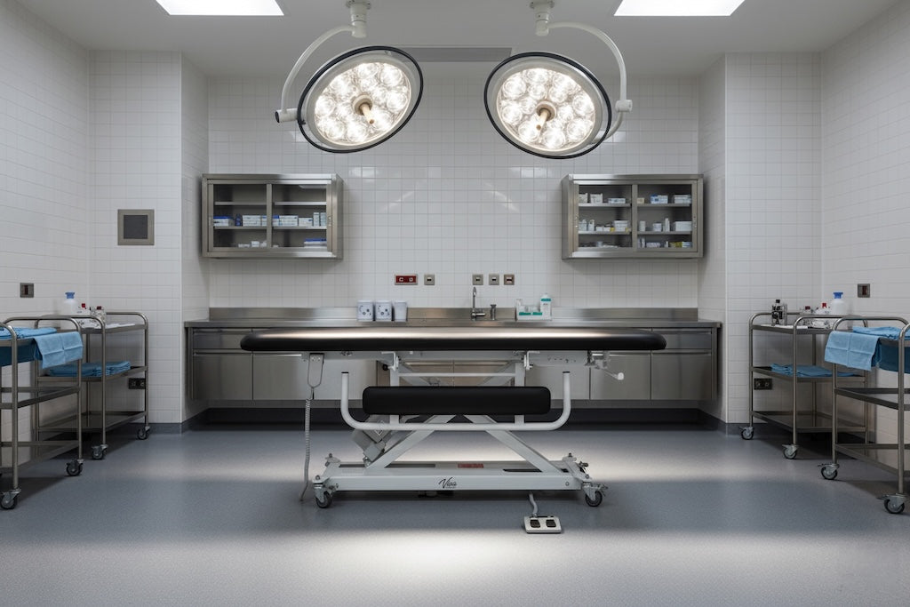 XRO Power Hi-Lo Exam Table, Open Base w/ Flat Top, Casters & Antimicrobial Upholstery