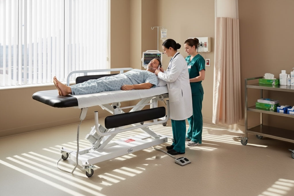 XRO Power Hi-Lo Exam Table, Open Base w/ Flat Top, Casters & Antimicrobial Upholstery