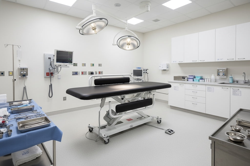 XRO Power Hi-Lo Exam Table, Open Base w/ Flat Top, Casters & Antimicrobial Upholstery