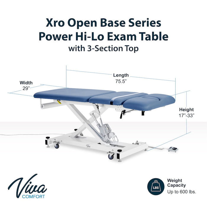 XRO Power Hi-Lo Exam Table. Open Base w/ 3-Section Top (Adjustable Back, Drop / Headrest Section & Antimicrobial Upholstery)