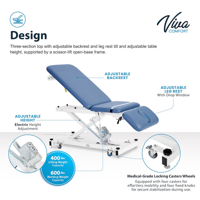 XRO Power Hi-Lo Exam Table. Open Base w/ 3-Section Top (Adjustable Back, Drop / Headrest Section & Antimicrobial Upholstery)