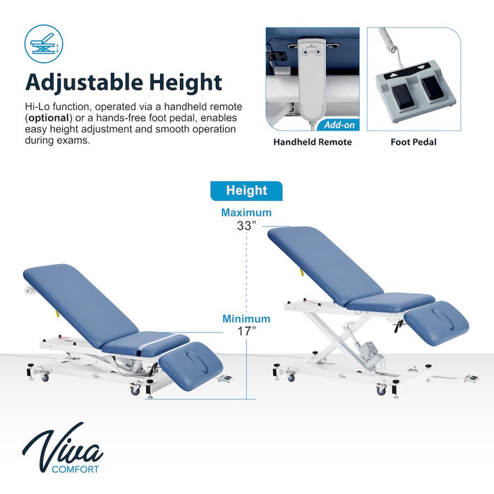 XRO Power Hi-Lo Exam Table. Open Base w/ 3-Section Top (Adjustable Back, Drop / Headrest Section & Antimicrobial Upholstery)