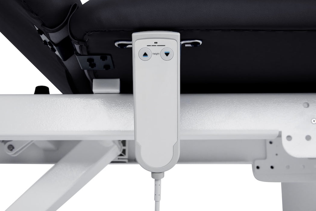 XRO Power Hi-Lo Exam Table. Open Base w/ 3-Section Top & Stirrups (Adjustable Back, Leg-Rest Drop Section, Casters & Antimicrobial Upholstery)