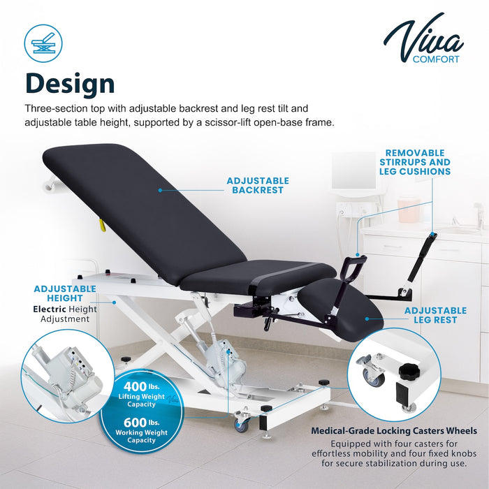 XRO Power Hi-Lo Exam Table. Open Base w/ 3-Section Top & Stirrups (Adjustable Back, Leg-Rest Drop Section, Casters & Antimicrobial Upholstery)