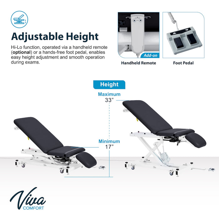 XRO Power Hi-Lo Exam Table. Open Base w/ 3-Section Top & Stirrups (Adjustable Back, Leg-Rest Drop Section, Casters & Antimicrobial Upholstery)