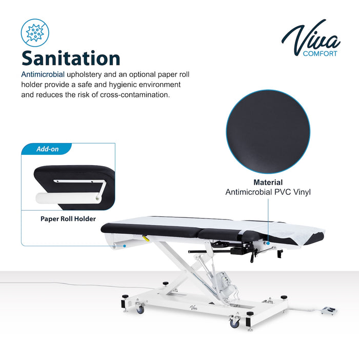 XRO Power Hi-Lo Exam Table. Open Base w/ 3-Section Top & Stirrups (Adjustable Back, Leg-Rest Drop Section, Casters & Antimicrobial Upholstery)